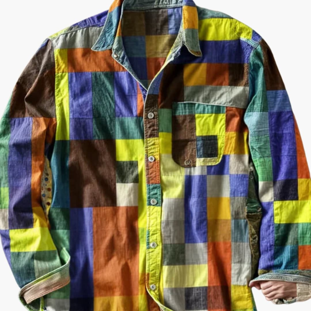 Men's patchwork long sleeve casual shirt solid woven base button front pointed collar chest pocket