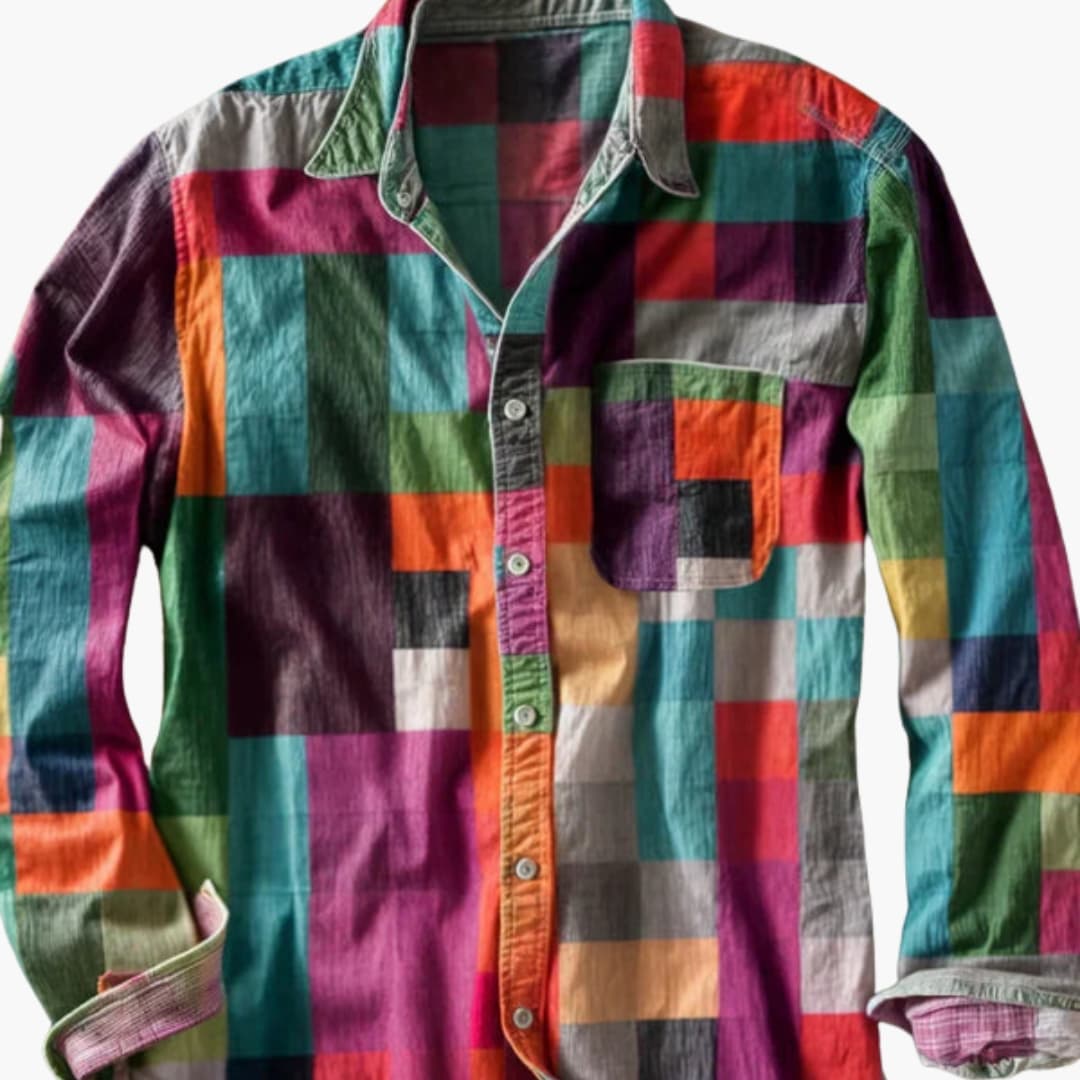 Men's patchwork long sleeve casual shirt with chest pocket and button front in colorblock design