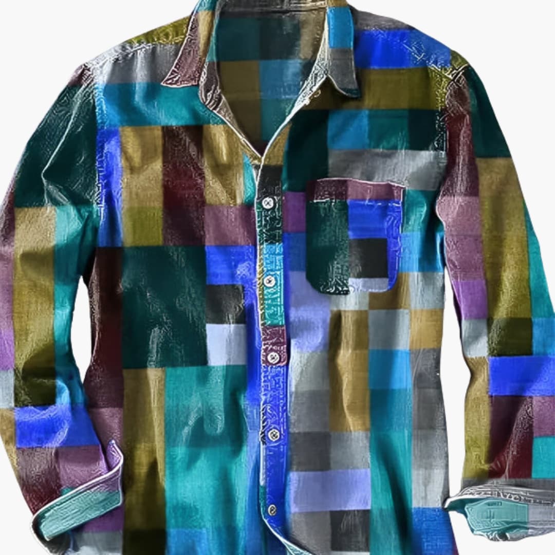 Men's patchwork long sleeve casual shirt with chest pocket and button front closure
