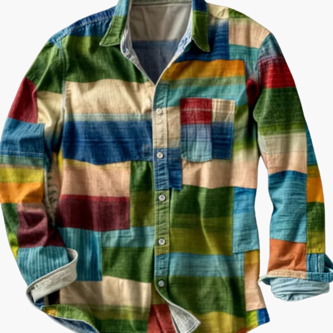Men's patchwork long sleeve casual shirt with chest pocket and button front closure