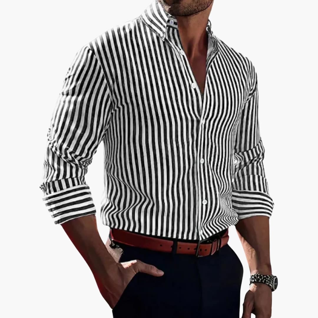 Striped men's button-down collar shirt, long sleeve regular fit, full front button closure