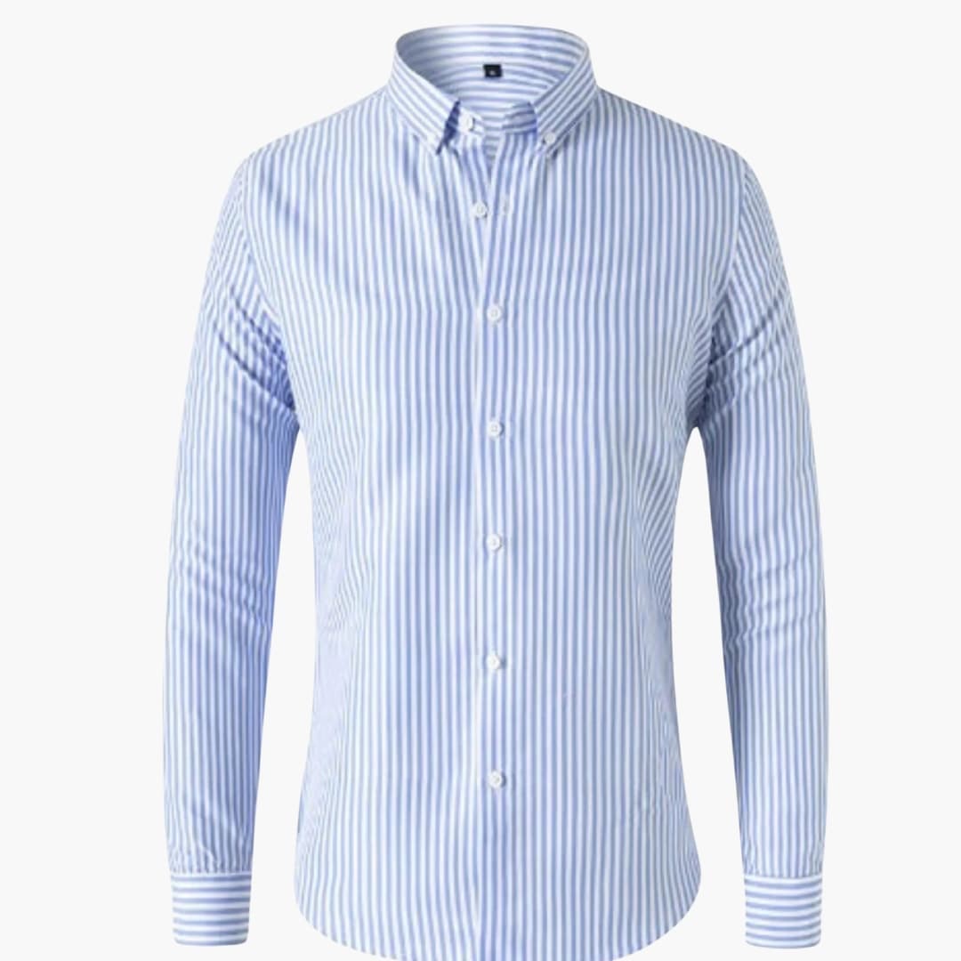 Striped men's dress shirt, button-down collar, long sleeve regular fit, full front button closure