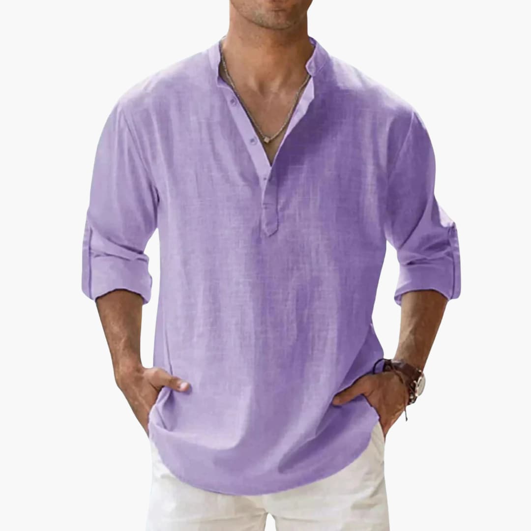 Men's casual V-neck long sleeve shirt with rollable sleeves and straight hem for versatile everyday wear