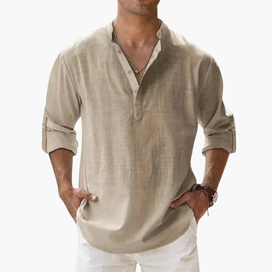 Men's casual V-neck long sleeve shirt with rollable sleeves and straight hem for versatile everyday wear