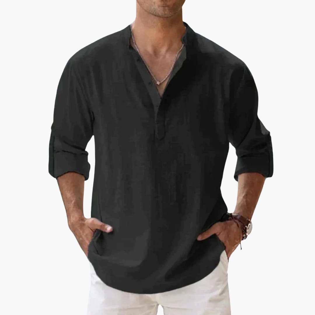 Men's casual V-neck long sleeve shirt with rollable sleeves and straight hem for versatile everyday wear