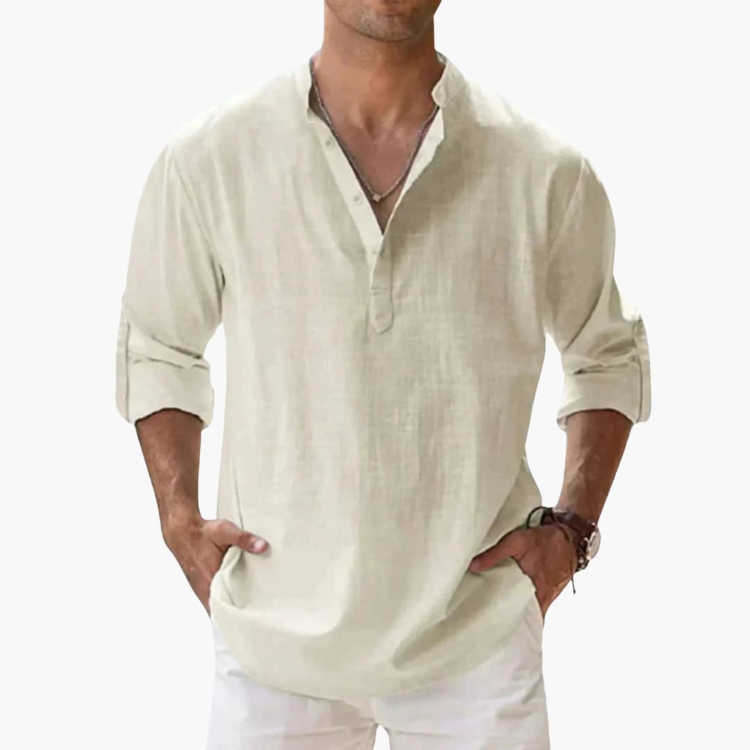 Men's V-neck long sleeve casual shirt with rollable sleeves and straight hem, versatile everyday style