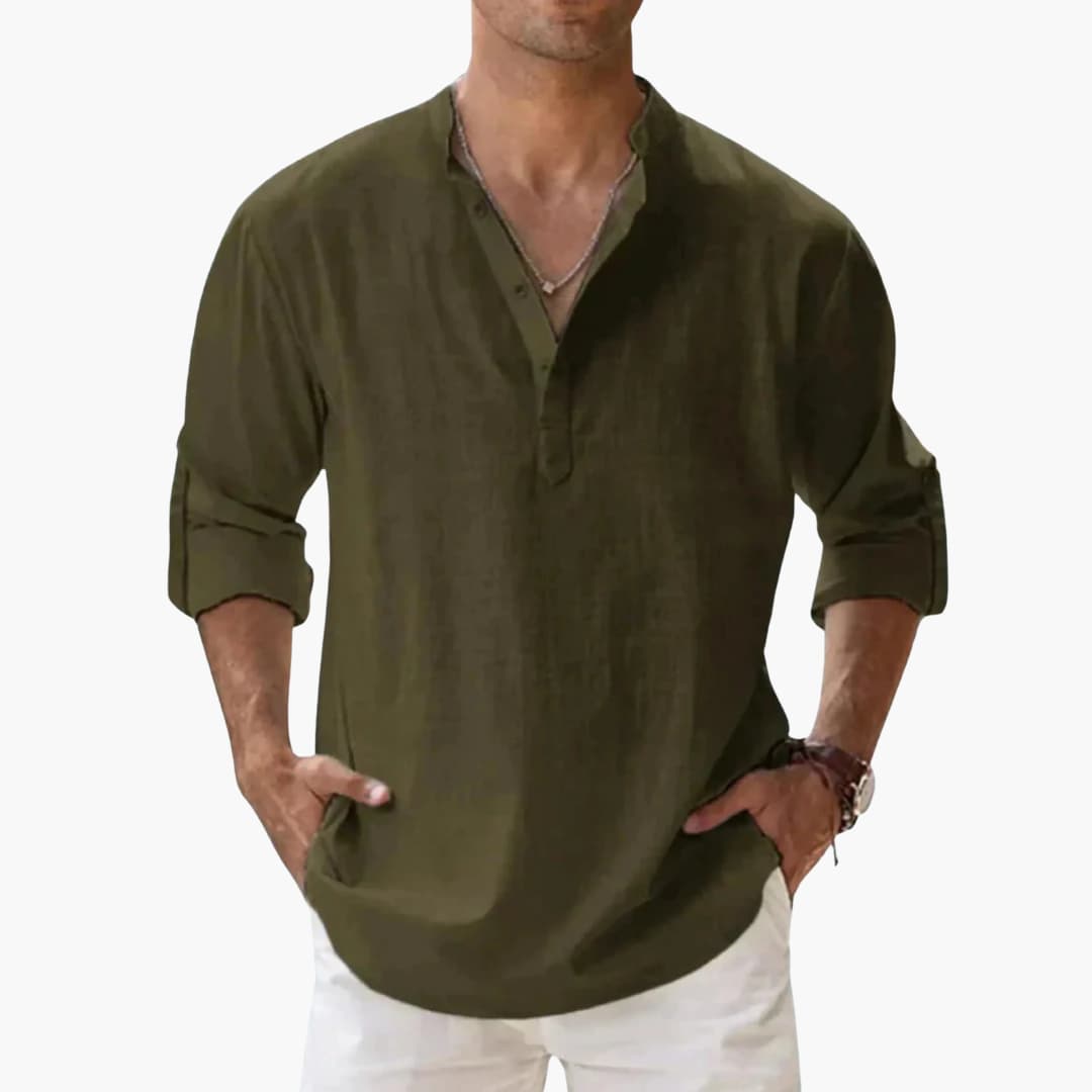 Men's casual V-neck long sleeve shirt with rollable sleeves and straight hem for versatile everyday wear