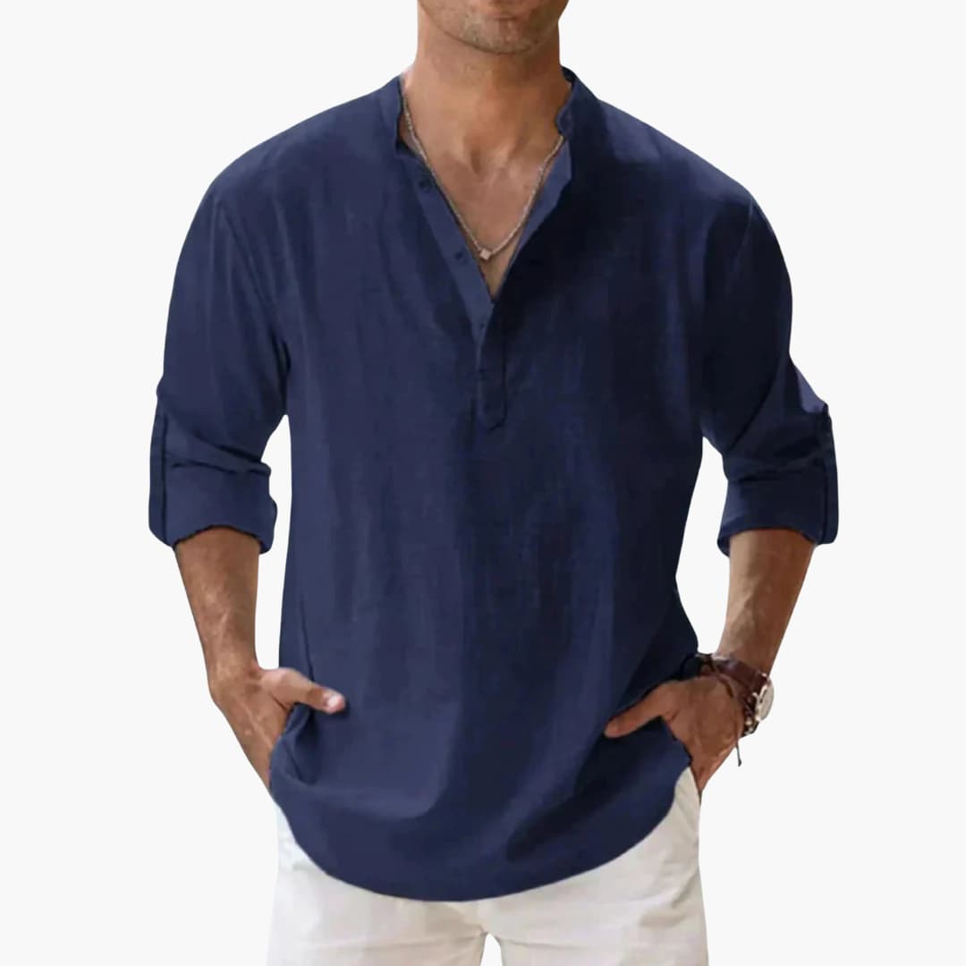 Men's casual V-neck long sleeve shirt with rollable sleeves and straight hem for versatile everyday wear