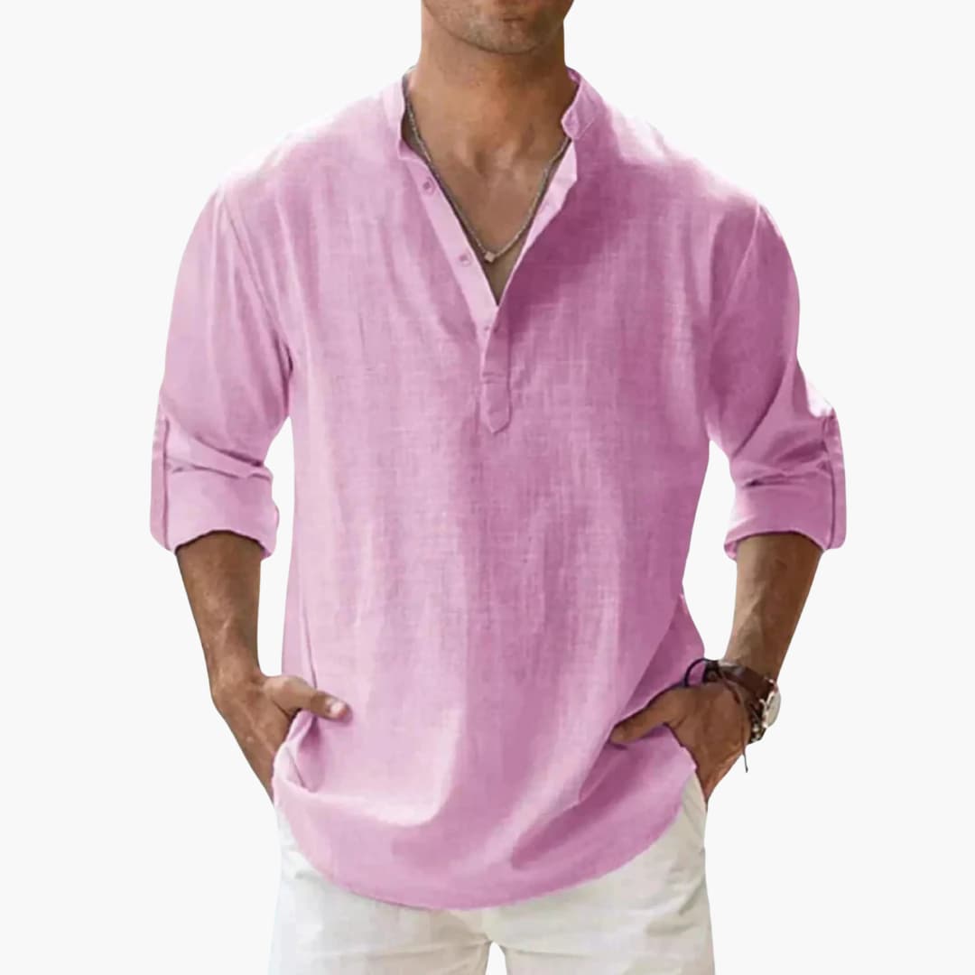 Men's casual V-neck long sleeve shirt with rollable sleeves and straight hem for versatile everyday wear