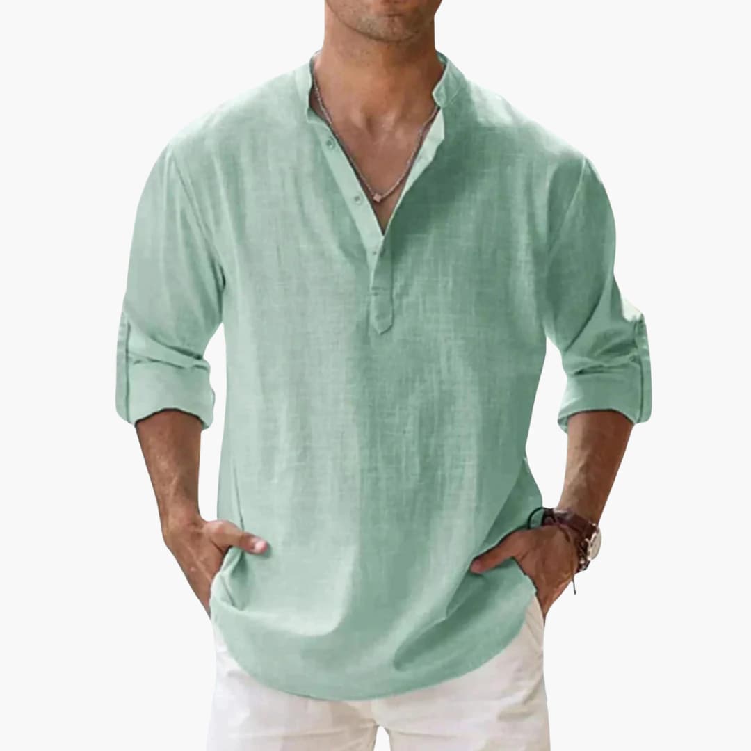 Men's casual V-neck long sleeve shirt with rollable sleeves and straight hem for versatile everyday wear