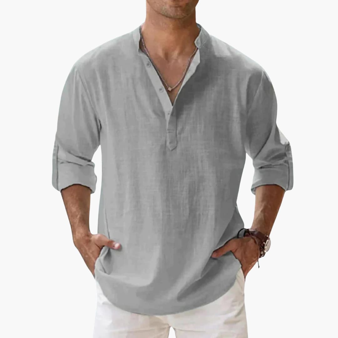 Men's casual V-neck long sleeve shirt with rollable sleeves and straight hem for versatile everyday wear