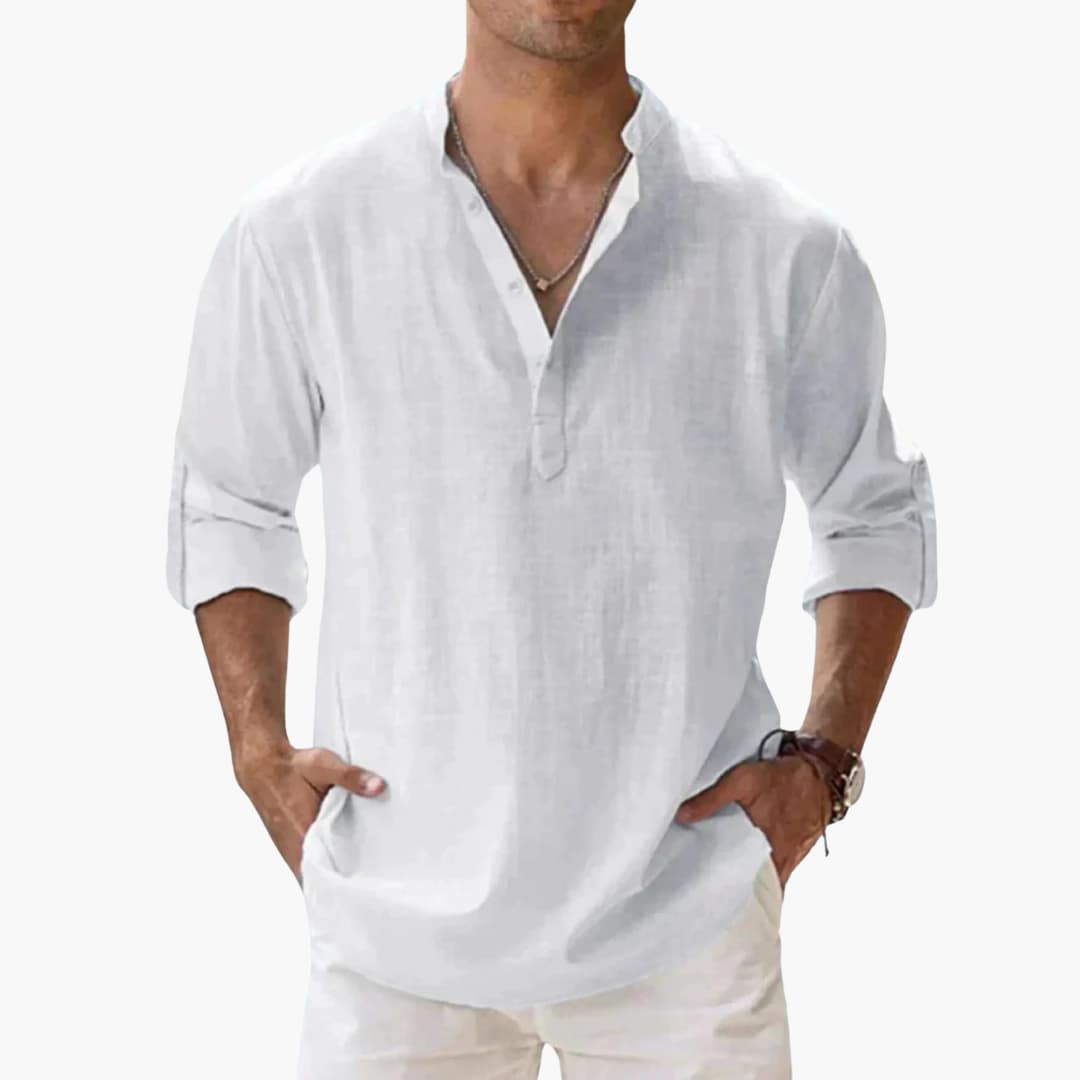 Men's casual V-neck long sleeve shirt with rollable sleeves and straight hem for versatile everyday wear