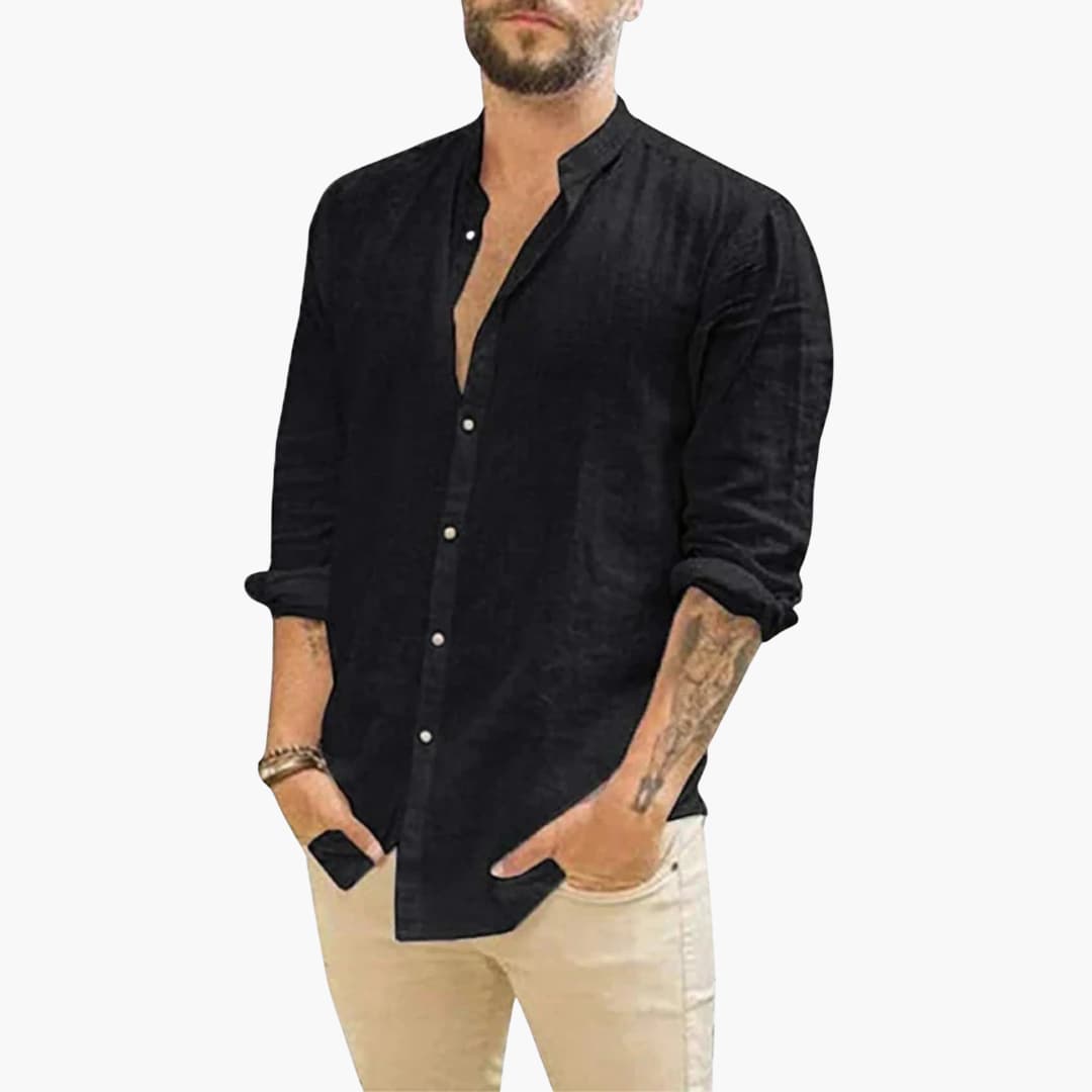Men's loose fit button-front shirt with stand-up collar, long sleeves, ideal for layering over tees
