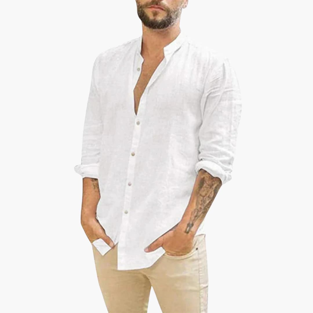 Men's loose fit stand-up collar shirt with button front, ideal for layering over tees and jackets