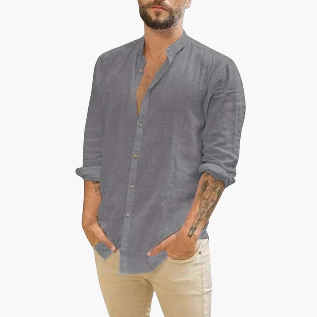 Men's loose fit stand-up collar button-front shirt, minimalist layering essential over tees and jackets