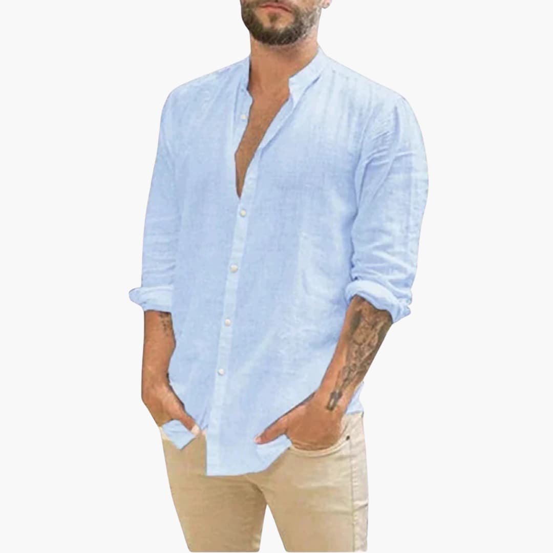 Men's loose fit stand-up collar button-front shirt, minimalist layering essential over tees and jackets