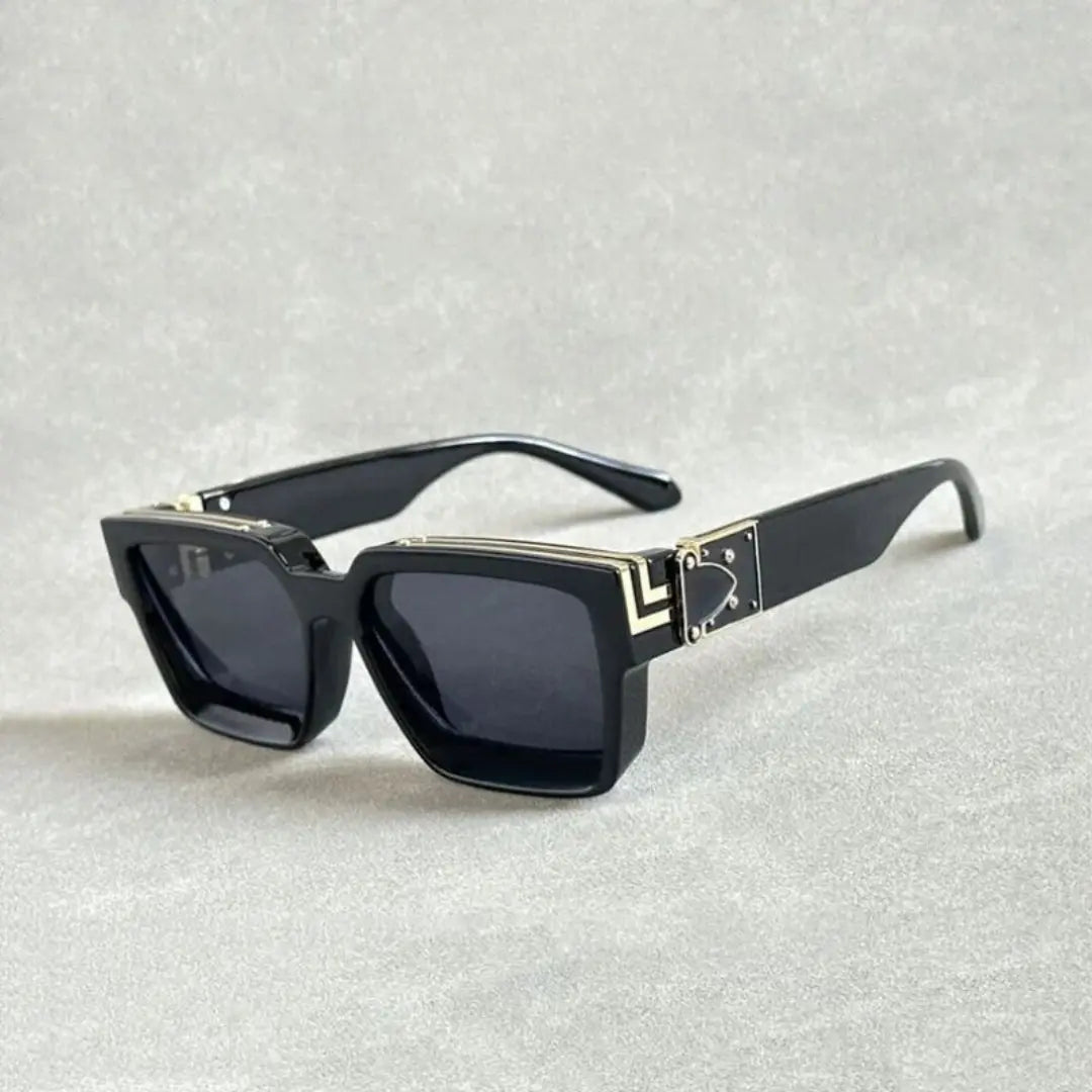 Bold geometric frame women's sunglasses with shimmering metallic accents, lightweight luxury eyewear