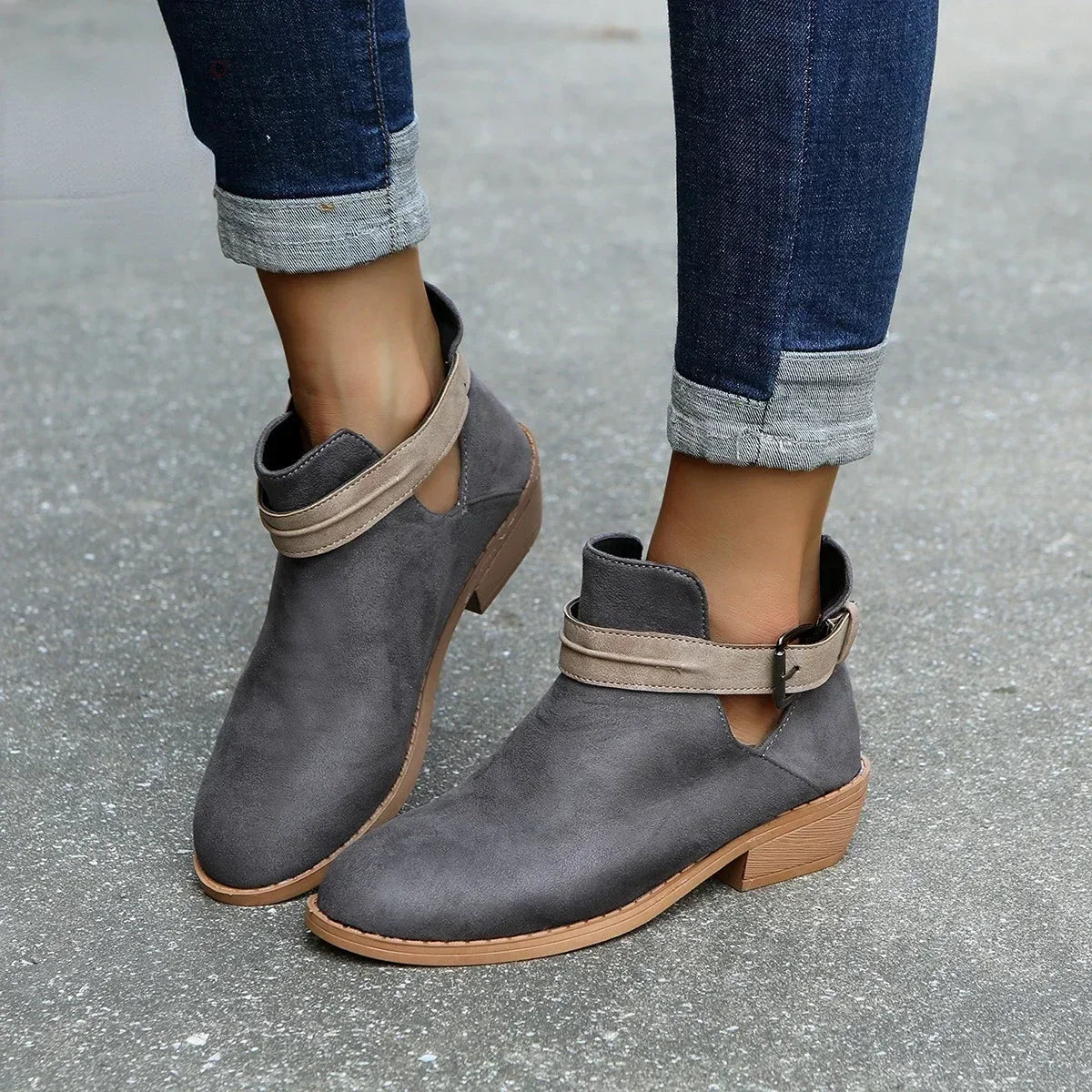 Women chic pointed-toe ankle boots with adjustable buckle, elegant versatile style for comfort