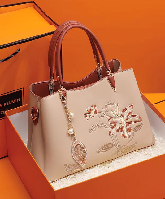 Sac cabas chic en cuir de veau brodé abricot - Urbann-Vibe