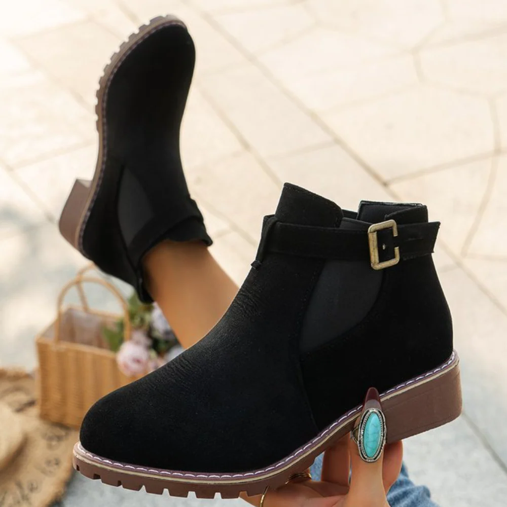 Women's chic suede ankle boots with buckle strap, elastic panel, gripped sole, daily comfort