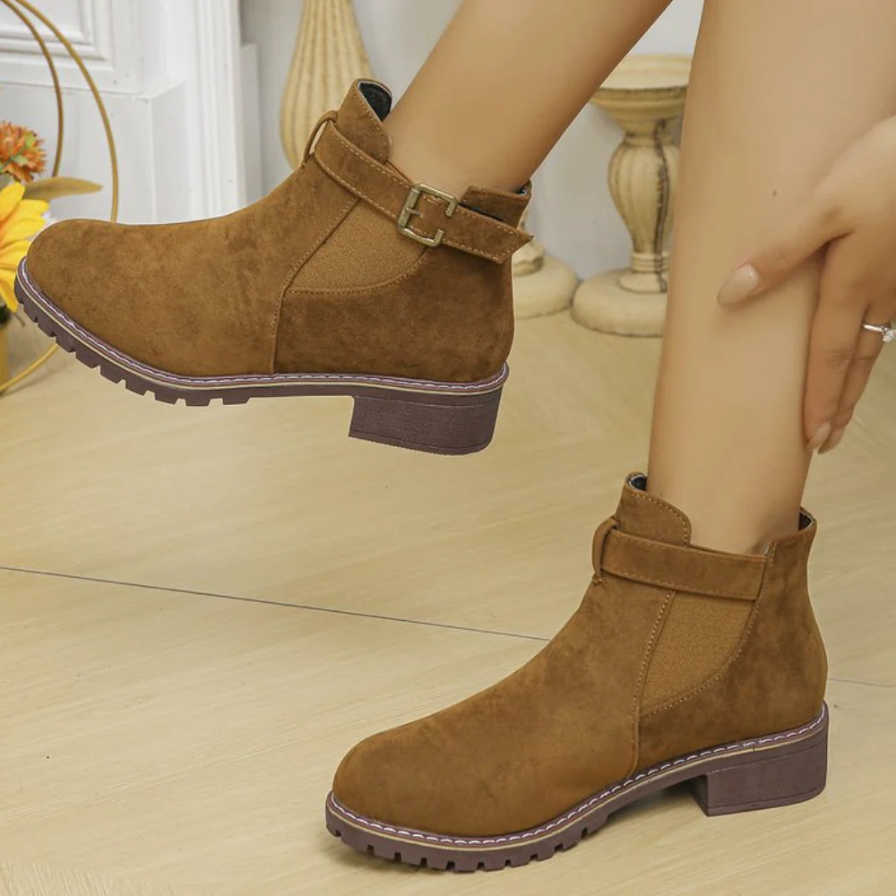Women's chic suede ankle boots with buckle strap, elastic panel, gripped sole, daily comfort