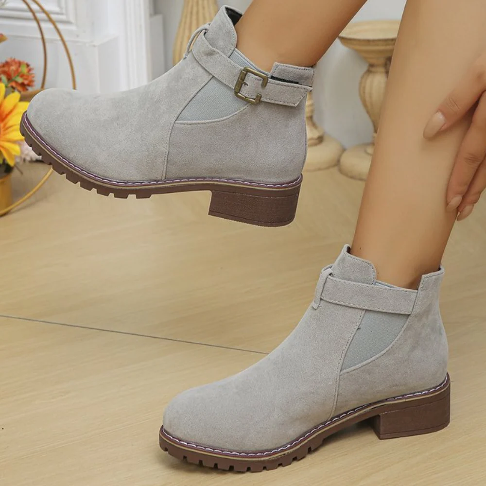 Women's chic suede ankle boots with buckle strap, elastic panel, gripped sole, daily comfort style