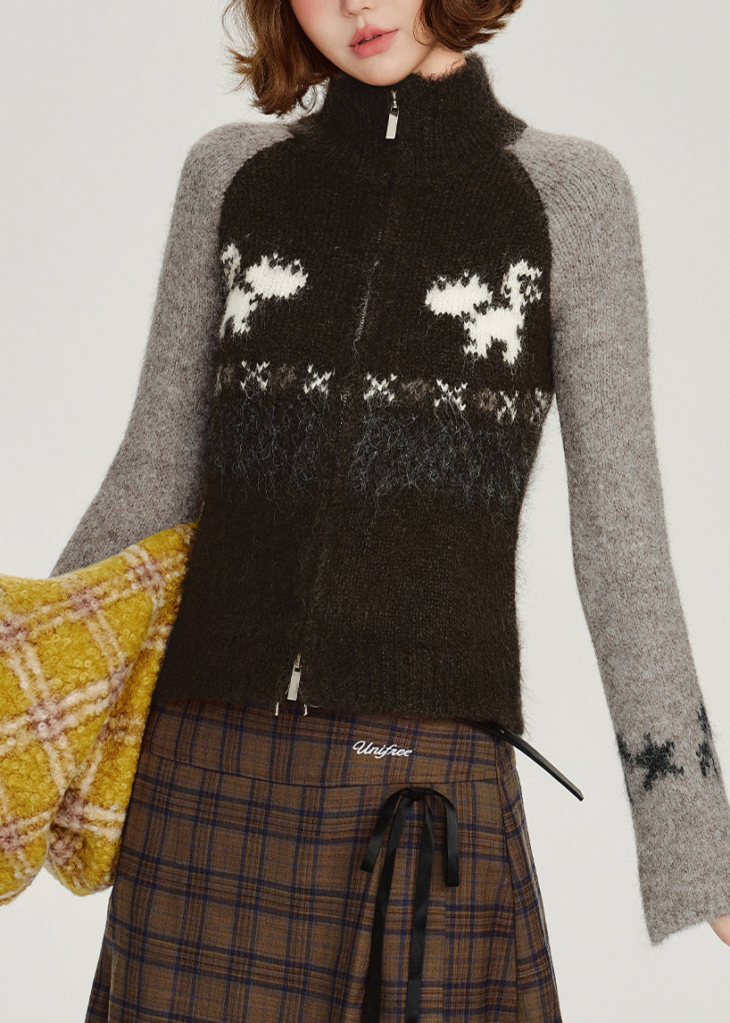Gilet d'hiver chic noir zippé en maille patchwork - Urbann-Vibe
