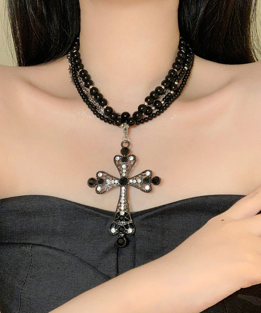 Collier chic en perles multicouches en zircon noir croisé - Urbann-Vibe