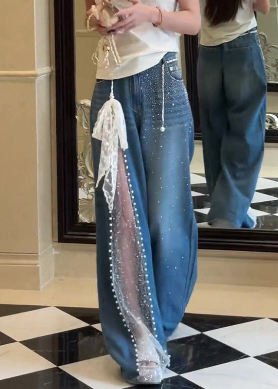 Pantalon en jean patchwork en dentelle de zircon bleu chic avec poches pour l'automne - Urbann-Vibe