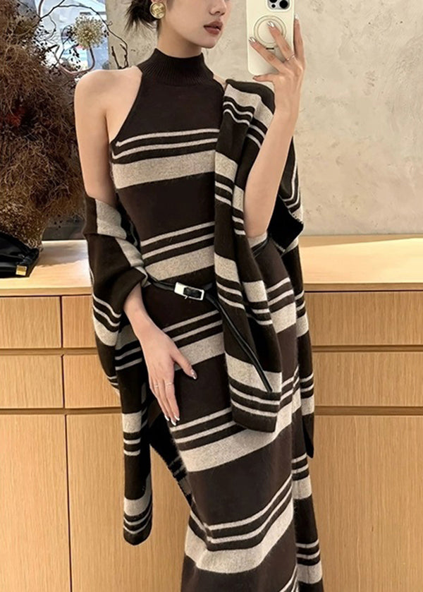 Ensemble deux pièces automne chic : cardigan rayé marron et robe pull en maille. - Urbann-Vibe