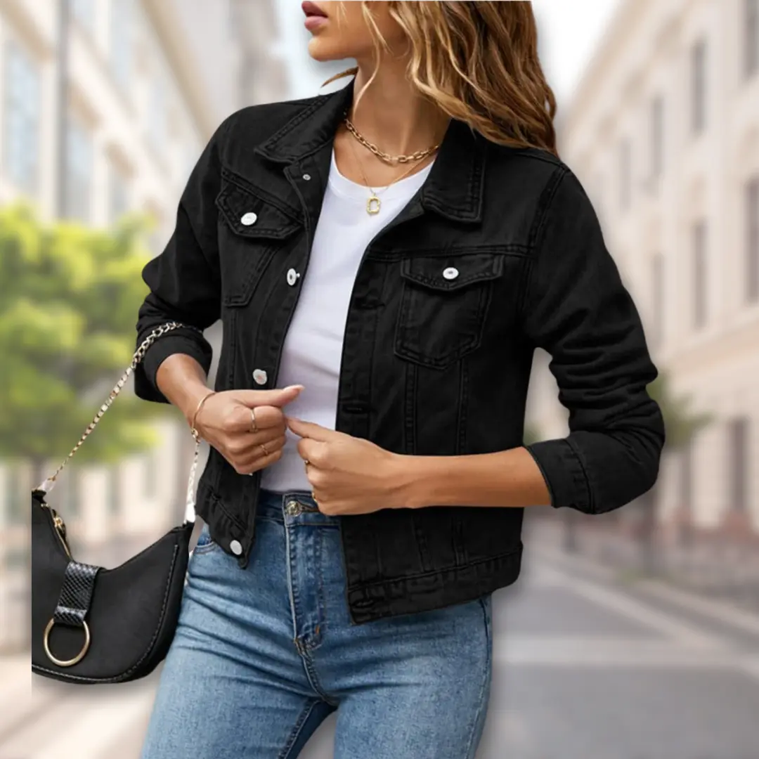 Women's beige button-up jacket flattering relaxed fit classic silhouette versatile layering essential