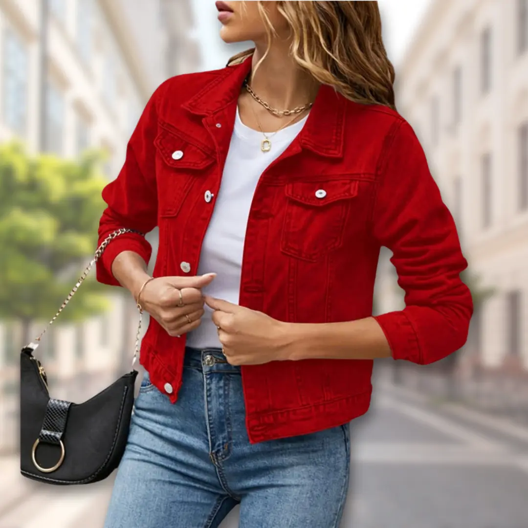 Women's neutral button-up jacket flattering fit classic silhouette versatile layering piece