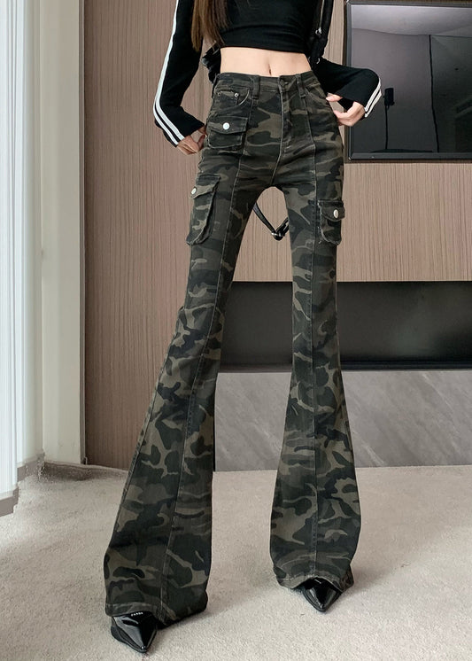Pantalon évasé en denim vert camouflage chic et ajusté pour l'automne - Urbann-Vibe