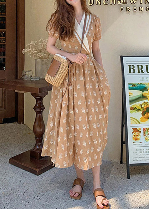 Robe longue en coton froissé imprimé champagne chic à col en V pour l'été - Urbann-Vibe
