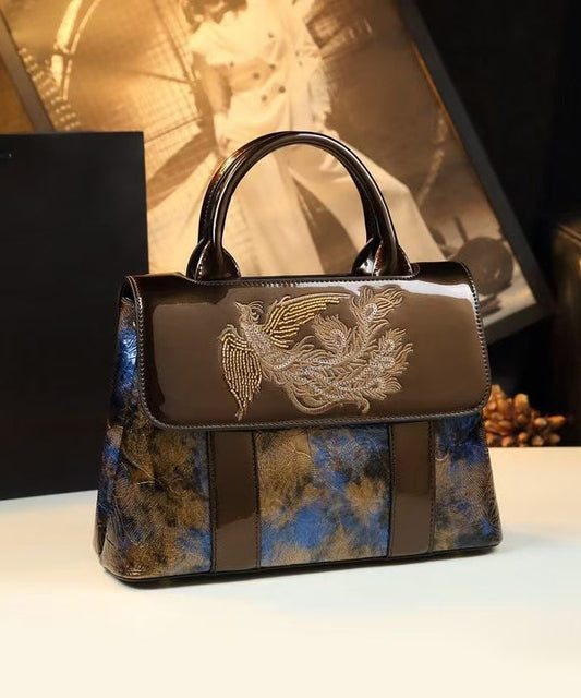 Sac fourre-tout chic en cuir de veau bleu café avec broderie Phoenix - Urbann-Vibe