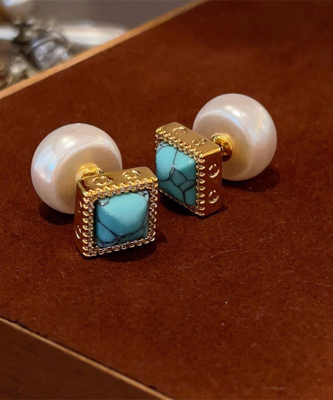 Boucles d'oreilles à tige chics en perles turquoise surdorées en cuivre colorblock - Urbann-Vibe