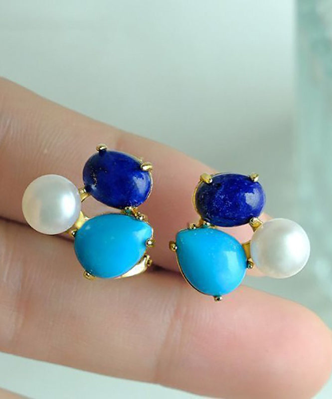Boucles d'oreilles à tige chics en argent sterling avec perles turquoise surdorées - Urbann-Vibe