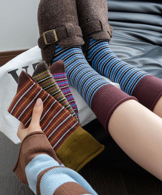 Chaussettes mi-mollet chics en coton à rayures colorblock - Urbann-Vibe