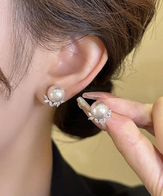 Boucles d'oreilles à tige chics en cuivre et zircon avec perles et feuilles - Urbann-Vibe
