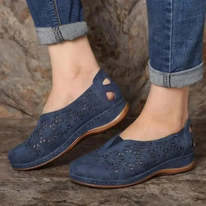 Women's beige cut-out slip-on shoes with low wedge heel and cushioned insole for all-day comfort