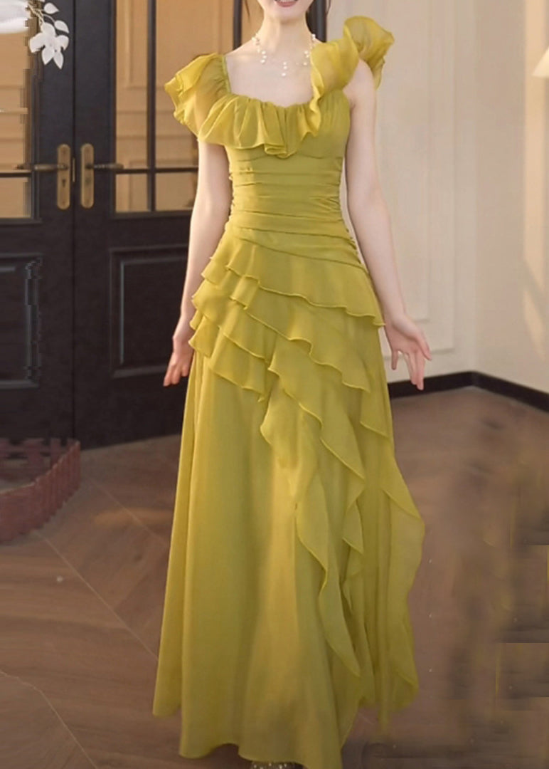 Robe chic en mousseline de soie verte à col carré et volants pour l'été - Urbann-Vibe
