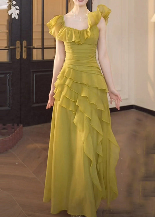 Robe chic en mousseline de soie verte à col carré et volants pour l'été - Urbann-Vibe