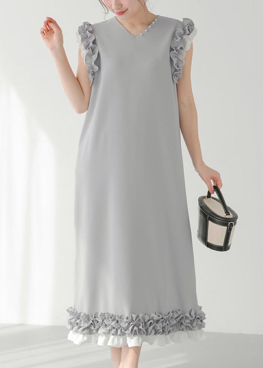 Robe droite chic grise à volants et perles en patchwork, sans manches - Urbann-Vibe