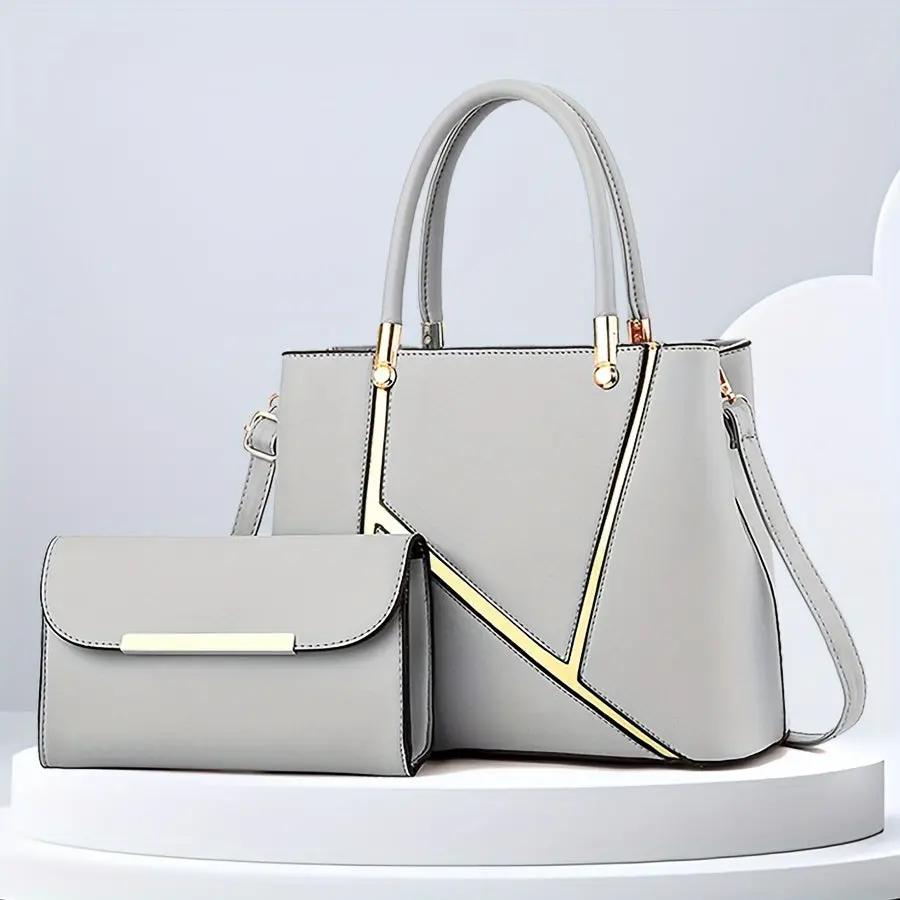 Grey women 2-piece handbag set with clutch and tote, geometric design, gold accents, elegant style