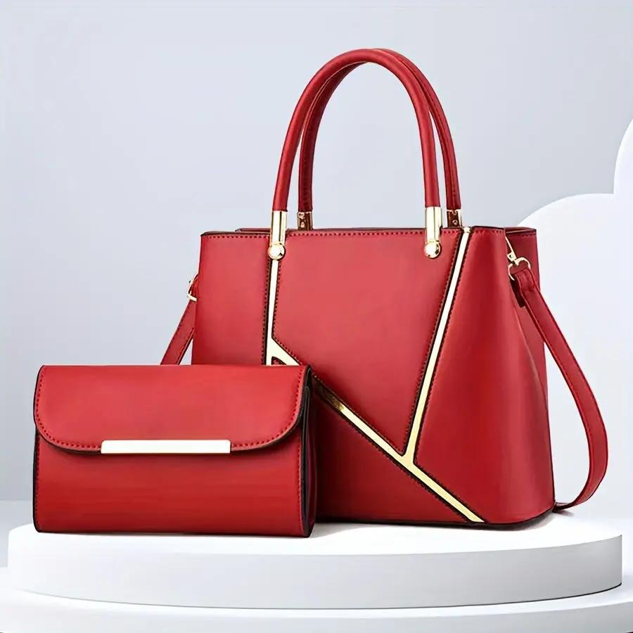 Grey women's 2-piece handbag set with clutch and tote featuring gold accents and geometric design