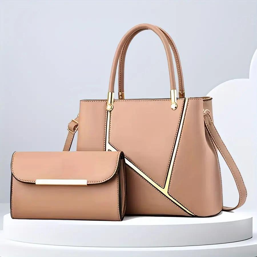 Grey women's 2-piece handbag set with clutch and tote, gold accents, geometric design