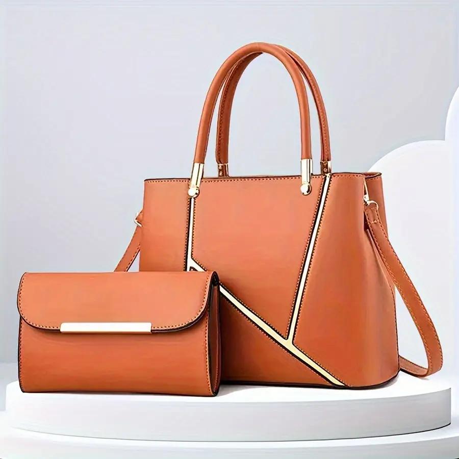 Grey women 2-piece handbag set with clutch and tote, gold accents, geometric design