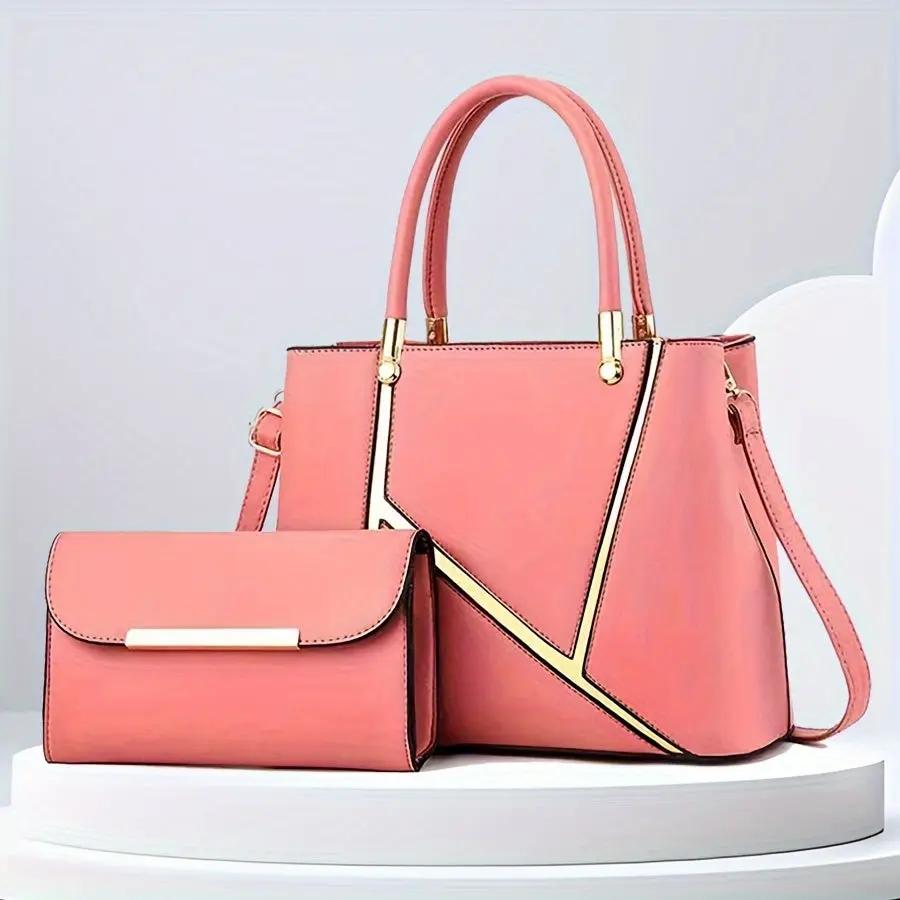 Grey women 2-piece handbag set with clutch and tote, gold accents, geometric elegant design
