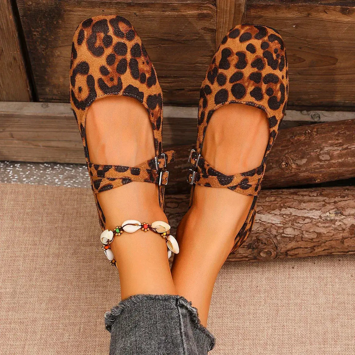 Women's leopard print ballet flats with square toe, buckle strap, and lightweight chic silhouette