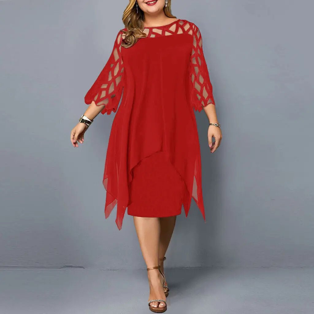 Plus size elegant midi dress with delicate lace sleeves, round neckline, versatile flattering fit